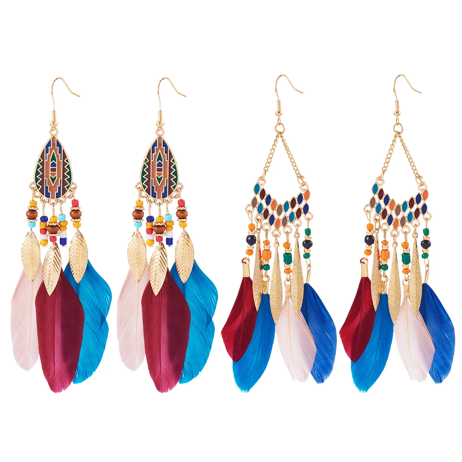 

2 Pairs 2 Styles Feather Dangle Earrings & Eardrop with Zinc Alloy Findings Mixed Color for Woman Everday & Stunning Style