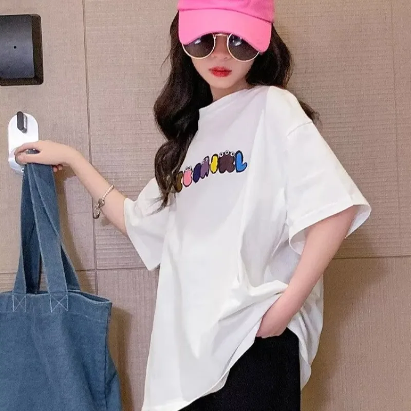 2023 Summer Kids Clothes Sweet Cool Girl T Shirt Short Sleeve Tops 100% Cotton FashionStreet style O-Neck T-shirt for Children