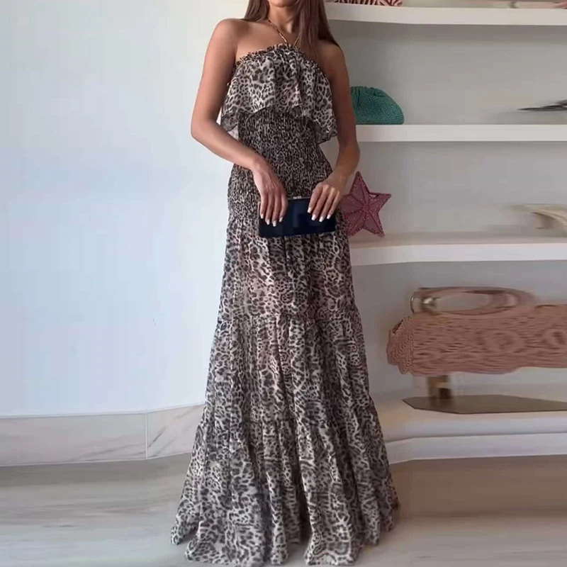 Sexy leopardo impressão fora do ombro maxi vestido elegante feminino plissado sem costas praia vestidos longos casual sem mangas verão bohe vestido