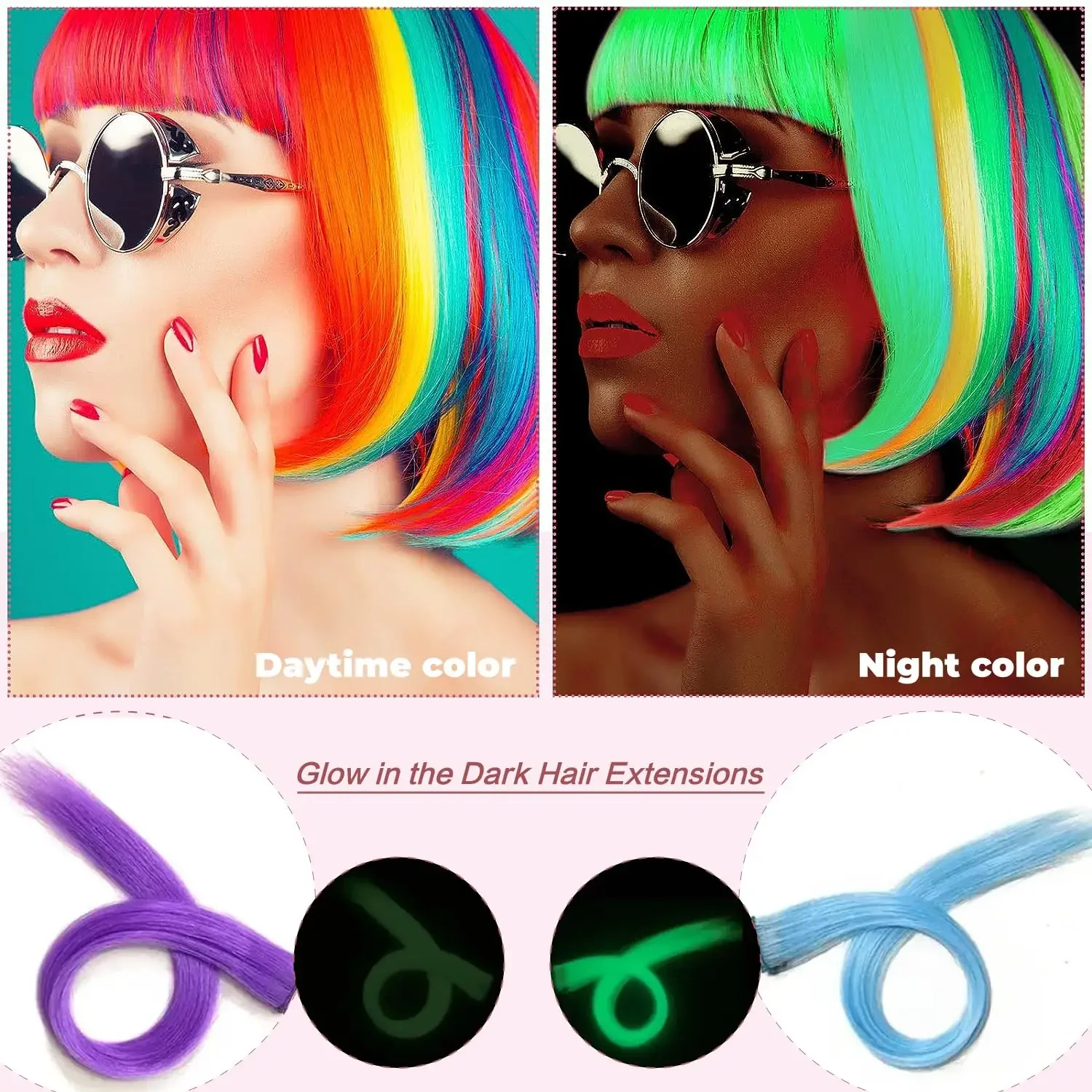 5pc 20 Inch Glow in The Dark Hair Extensions Clip Luminous Colored Hairpieces Party Rainbow Hair Clips Synthetic Straight Wig