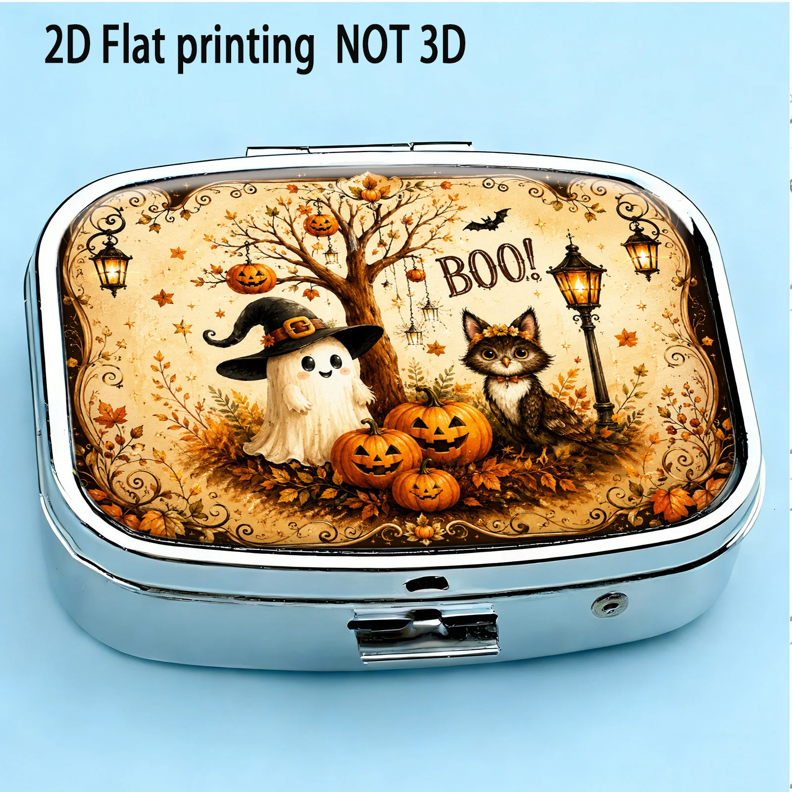 Autumn Treehouse Ghost Black Cat Pumpkin Halloween Cozy Illustration Pattern, Small Square Two-Compartment Pill Organizer, Portable Medicine Storage, Can Also Be Used as a Household Portable Organizer, Decorative Box, Perfect for Handbags, Wallets, and Travel, Metal Storage Box, Small Jewelry Organizer, Holiday Gifts, Souvenirs, Prizes, Small Gifts