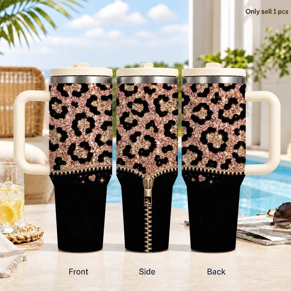 Fashion Leopard-Print Design Vacuum Flasks 40oz Leakproof Insulated Tumbler with Handle Straw Lid, Stainless Steel Travel Cup