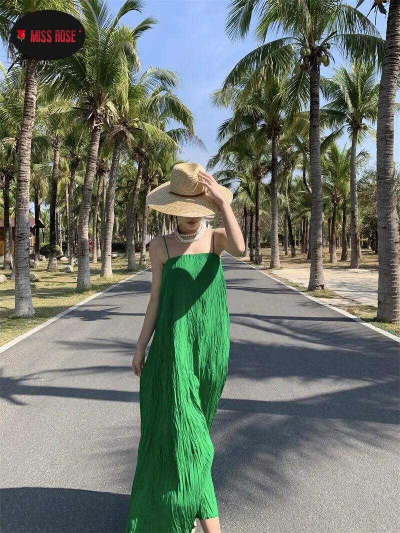 

Sling Long Loose Pleated Dress Women Lady Sundress Robes Summer Beach Bohemian Green Tropical Simple Vacation Folds Vestidos