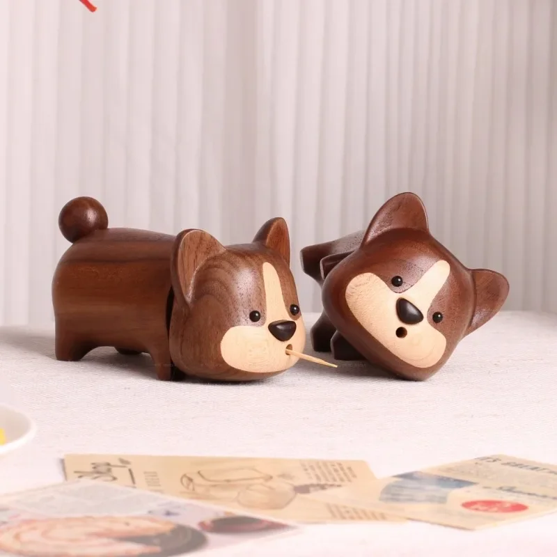 Cute Corgi Toothpick Holder Creative Wooden Dog Toothpick Dispenser for Restaurant Handmade Animal Figurine Rustic Kitchen Decor