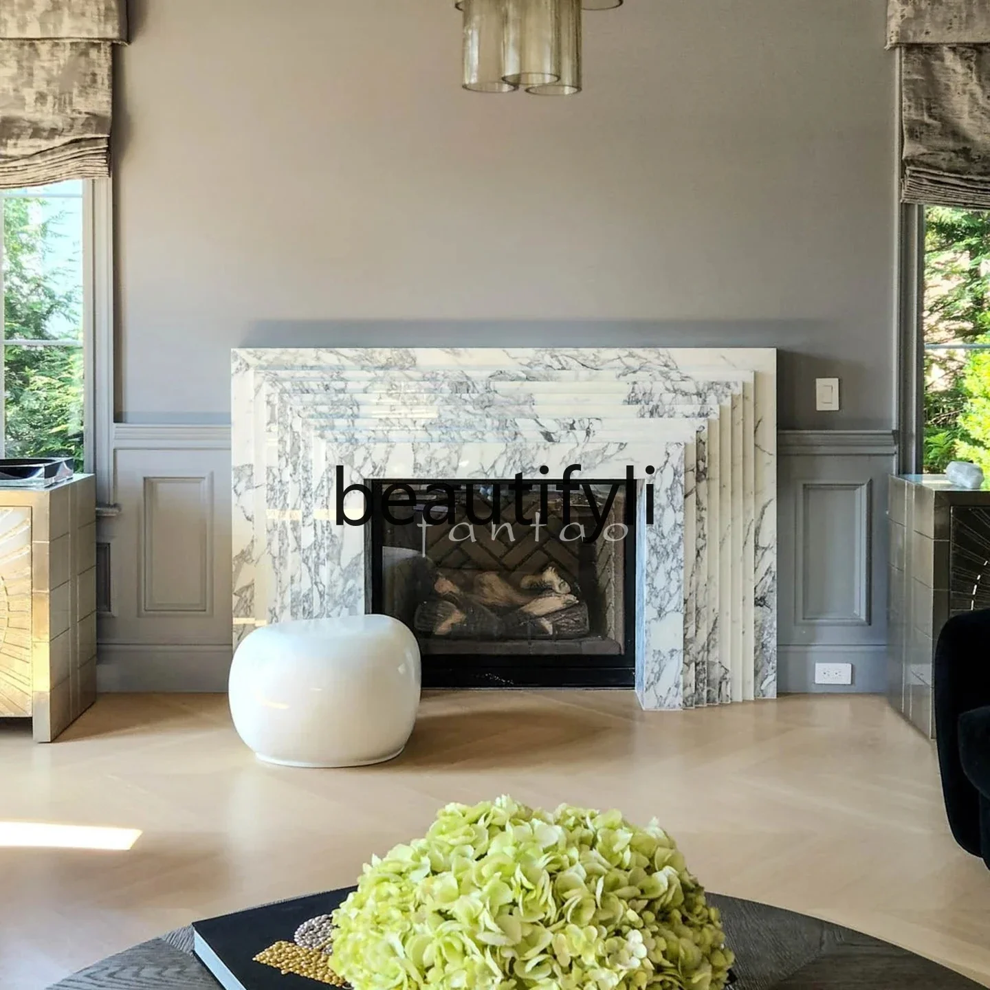 

zzqFrench minimalist natural marble fireplace decorative cabinet light luxury villa stone mantel
