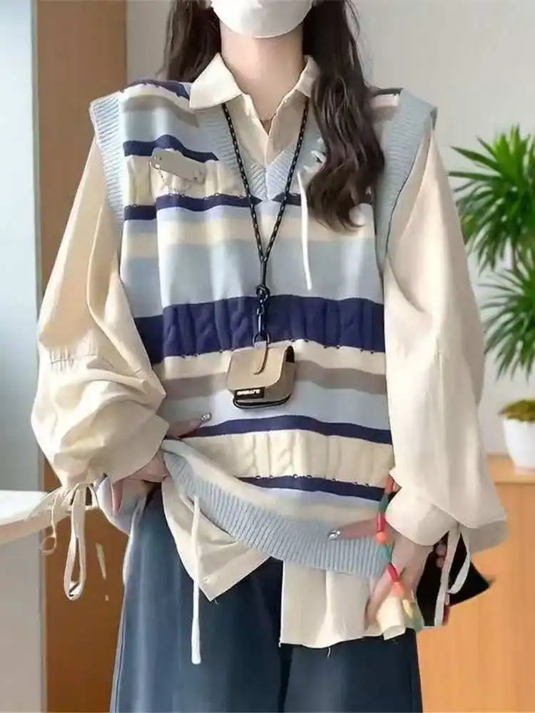 

Весенне-осенний вязаный женский жилет с V-образным вырезом, модный, с поясом, в стиле колледж, повседневная верхняя одежда, в полоску, с воротником