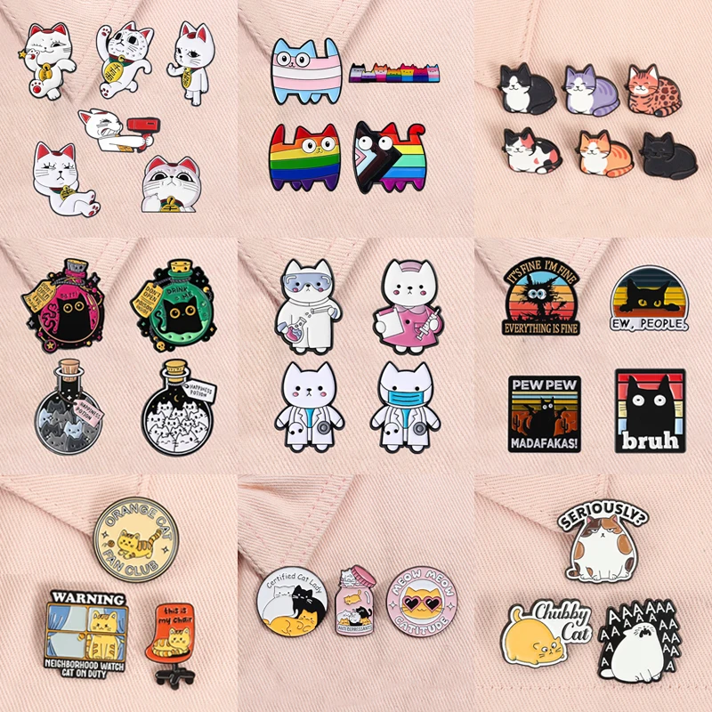 2-5 Stück/Set Cartoon-Katzen-Emaille-Pins: Glückslotion, Kätzchen-Elfen, Zertifizierte Katzenliebhaberin, Kawaii Tier-Broschen, Anstecknadeln, Schmuckgeschenk