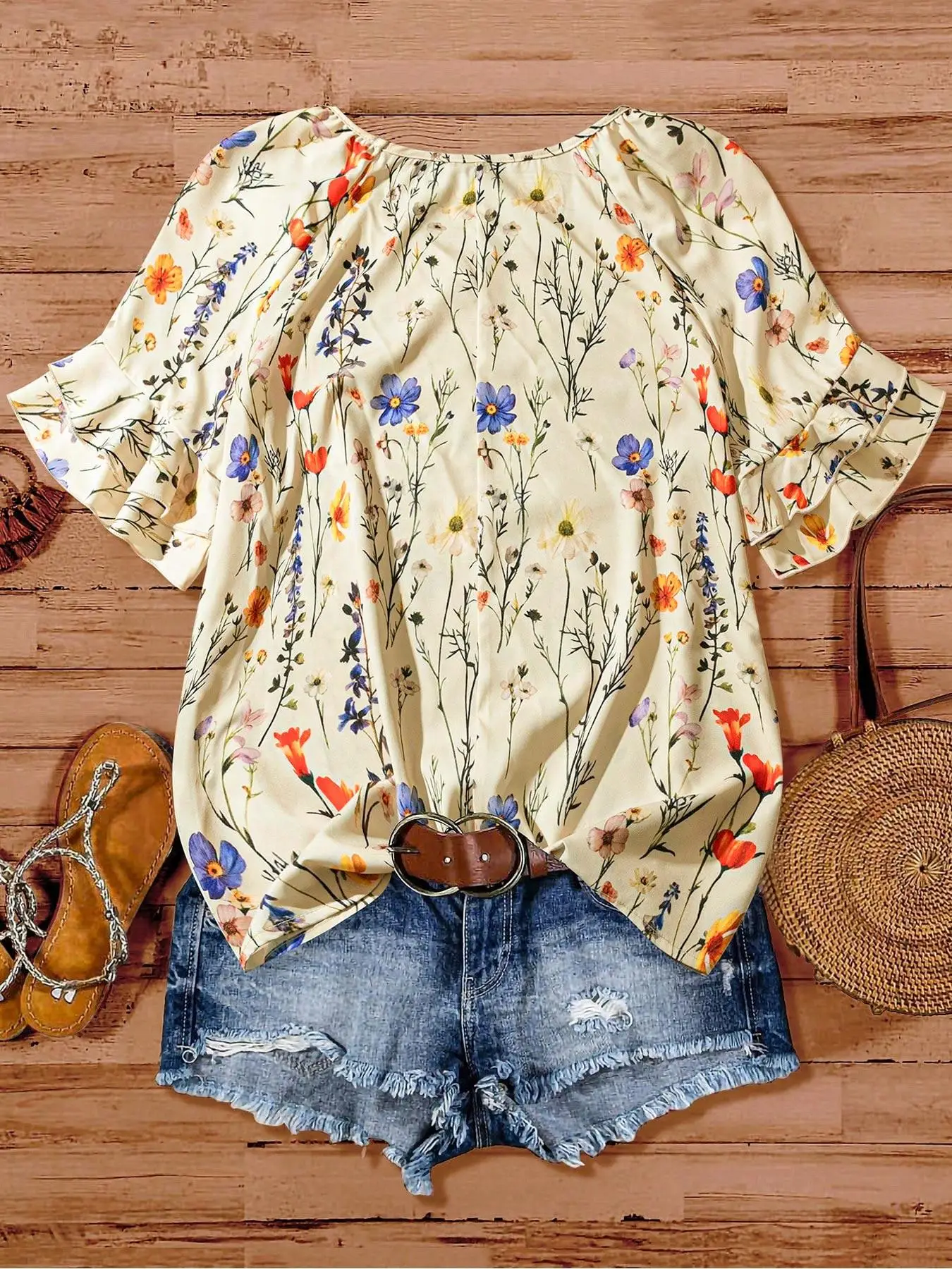 【Plus Size】 All Over Print Ruffle Layered Sleeve Blouse, Casual Short Sleeve Round Neck Top for Daily Wear, Women's Plus Clothin