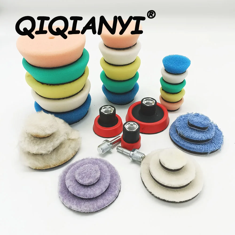 

QIQIANYI 32PCS 1Inch 2Inch 3Inch Mini Buffing Polijsten Pads Kit Wol Pad Waxen Spons Auto Detailing Polish pads Gereedschap