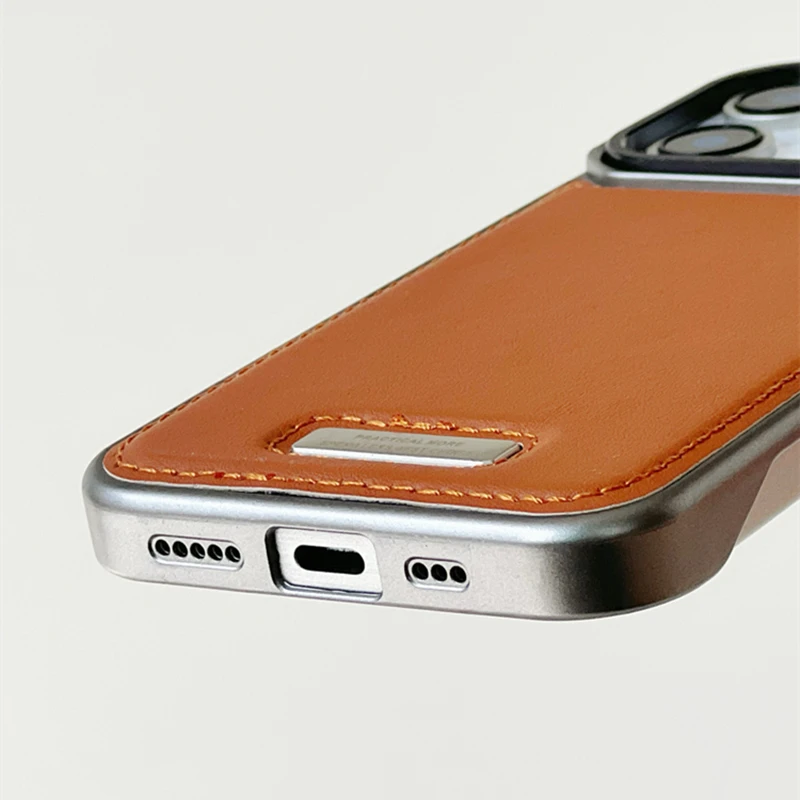 Lens Kickstand Borderless for MagSafe Phone Case for iPhone 16 17 16pro max 15 14 13 Magnetic Wireless Charging PU Leather Cover