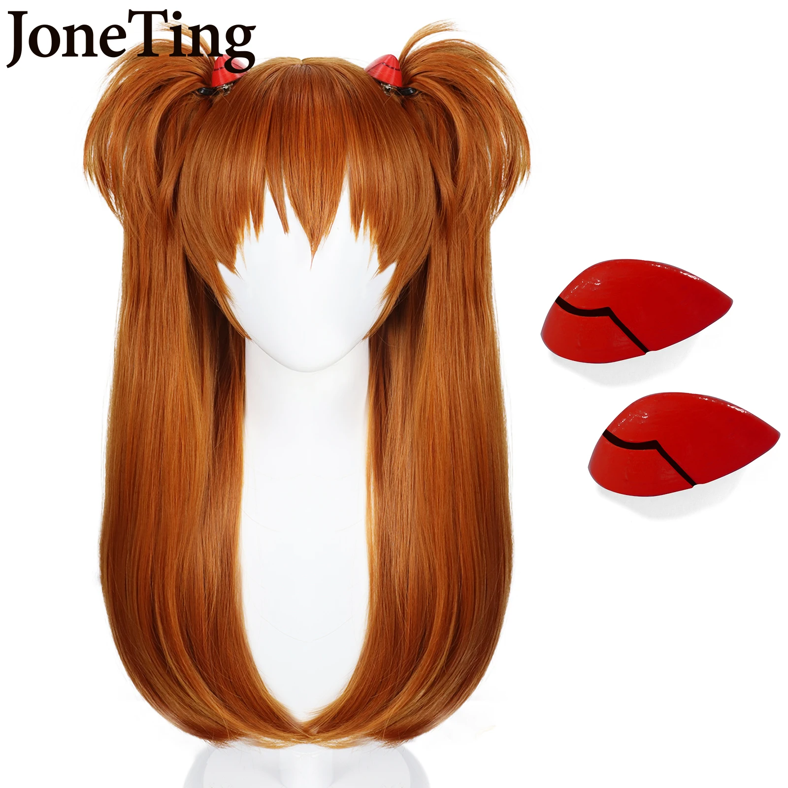 JONETING Synthetic EVA Asuka Langley Soryu Cosplay Wigs Long Orange with Bangs Ponytails Hair Clips Headwear Halloween Costume