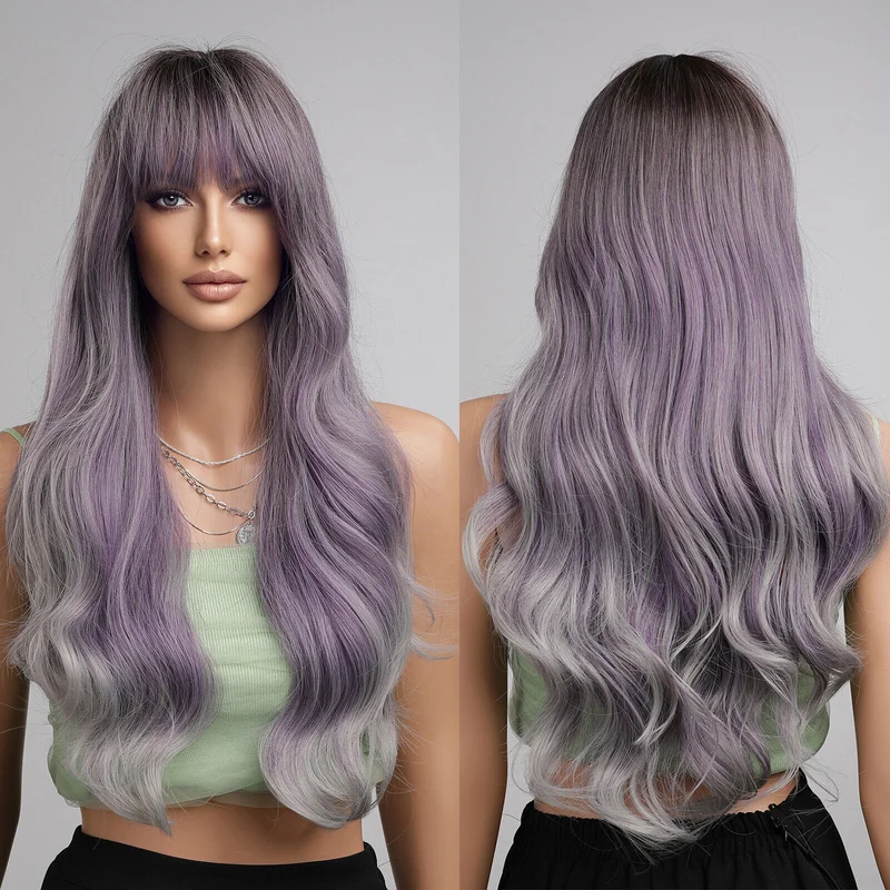 

Synthetic Wavy Wigs With Bangs For Women Purple Ash Grey Ombre Long Wig