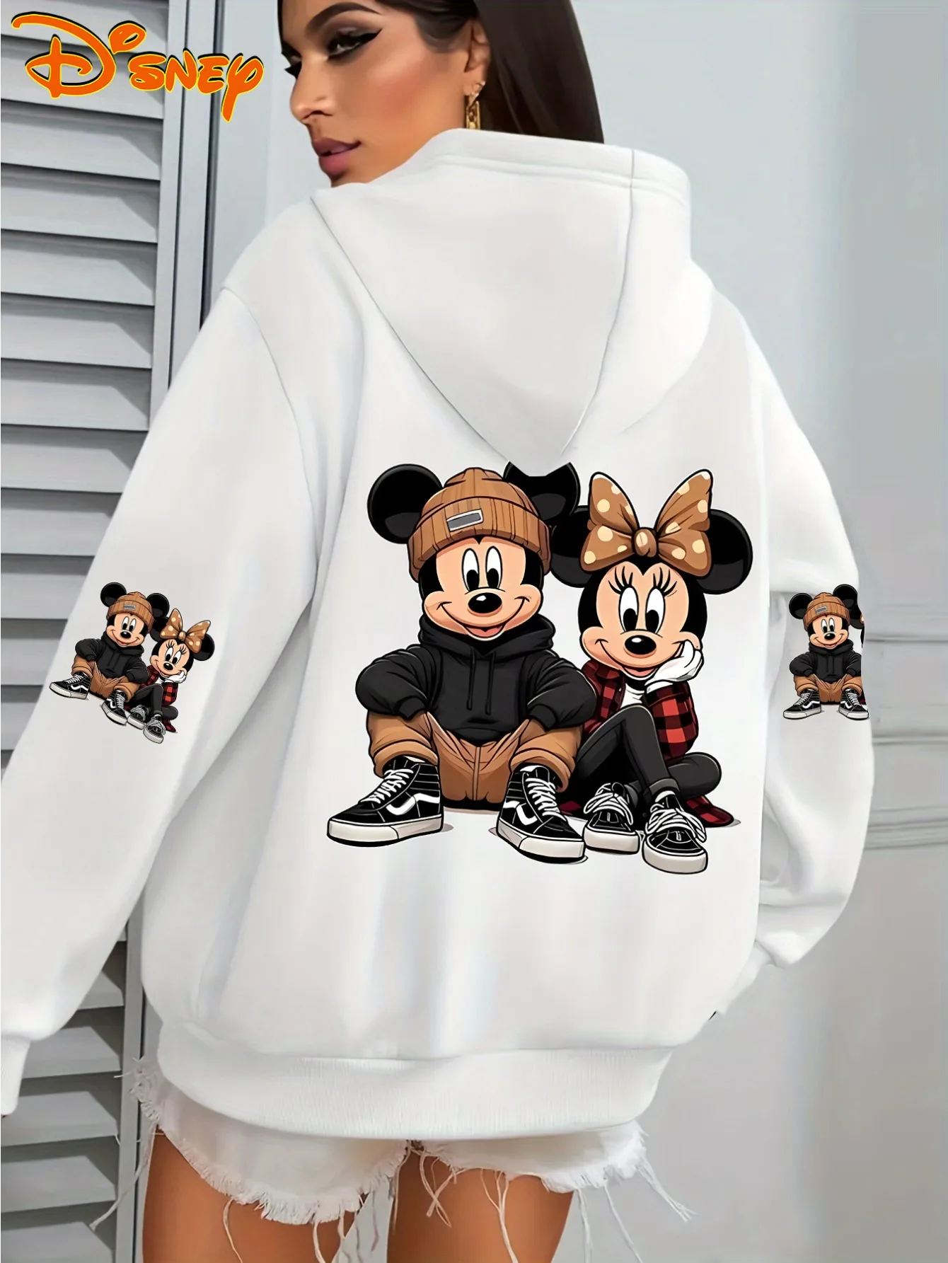 

Женская хлопковая флисовая толстовка с Микки Маусом Диснея белого цвета с персонажами спереди и полным контуром сзади, карман-кенгуру