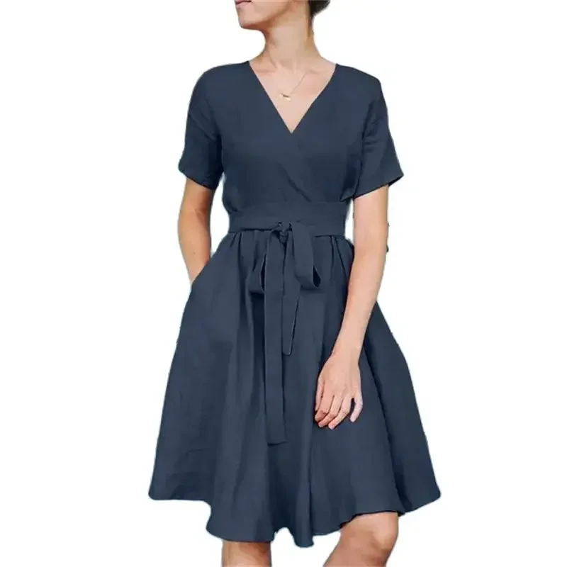 

Sweet Style Bow Belt Pleated Dresses Women Crossover V Neck Side Pockets Dress Female Daily Comfortable Casual Short Sleeve Gown