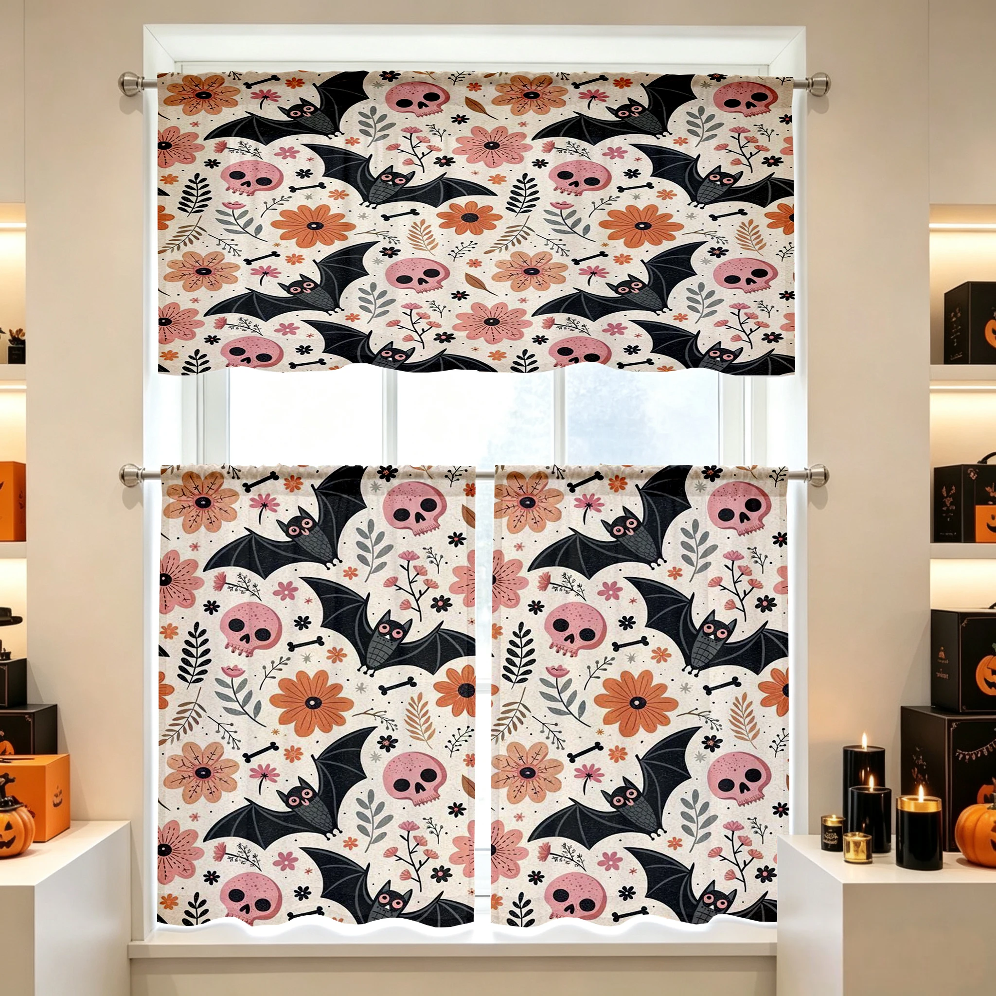 Halloween Fall Kitchen Curtains, Haunted House Skull, Digital Print, Kitchen Dining Room, Rod Pocket Polyester, Home Decor