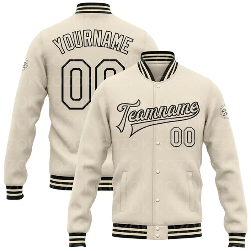 

Custom cream-coloured Color 3D Printed Baseball Button Jacket Bomber Full-Snap Varsity Letterman Jacket