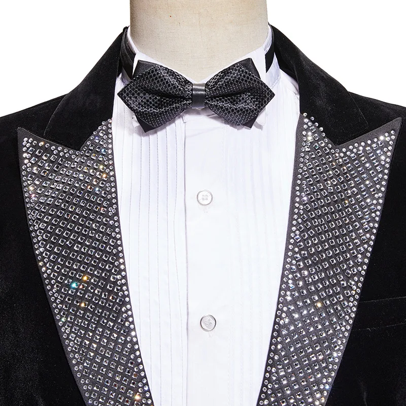 Men\'s Black Velvet Suit Wedding Banquet Evening Party Host Tuxedo Suits Rhinestones Lapel Collar Blazer Pants 2 Piece Set