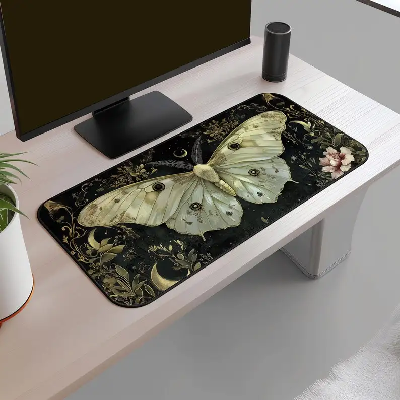 Gothic White Lunar Moth Desk Mat Goth Celestial Luna Butterfly Mouse Pad Botanical Green Witch Mousepad Whimsigoth Office Gift