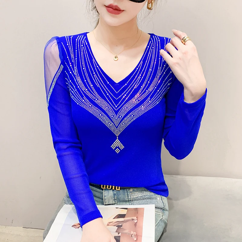 

2025 Autumn Winter New V-neck Mesh Shirt Korean Fashion Hot Diamond T Shirt Sexy Women Long Sleeve Casual Tops