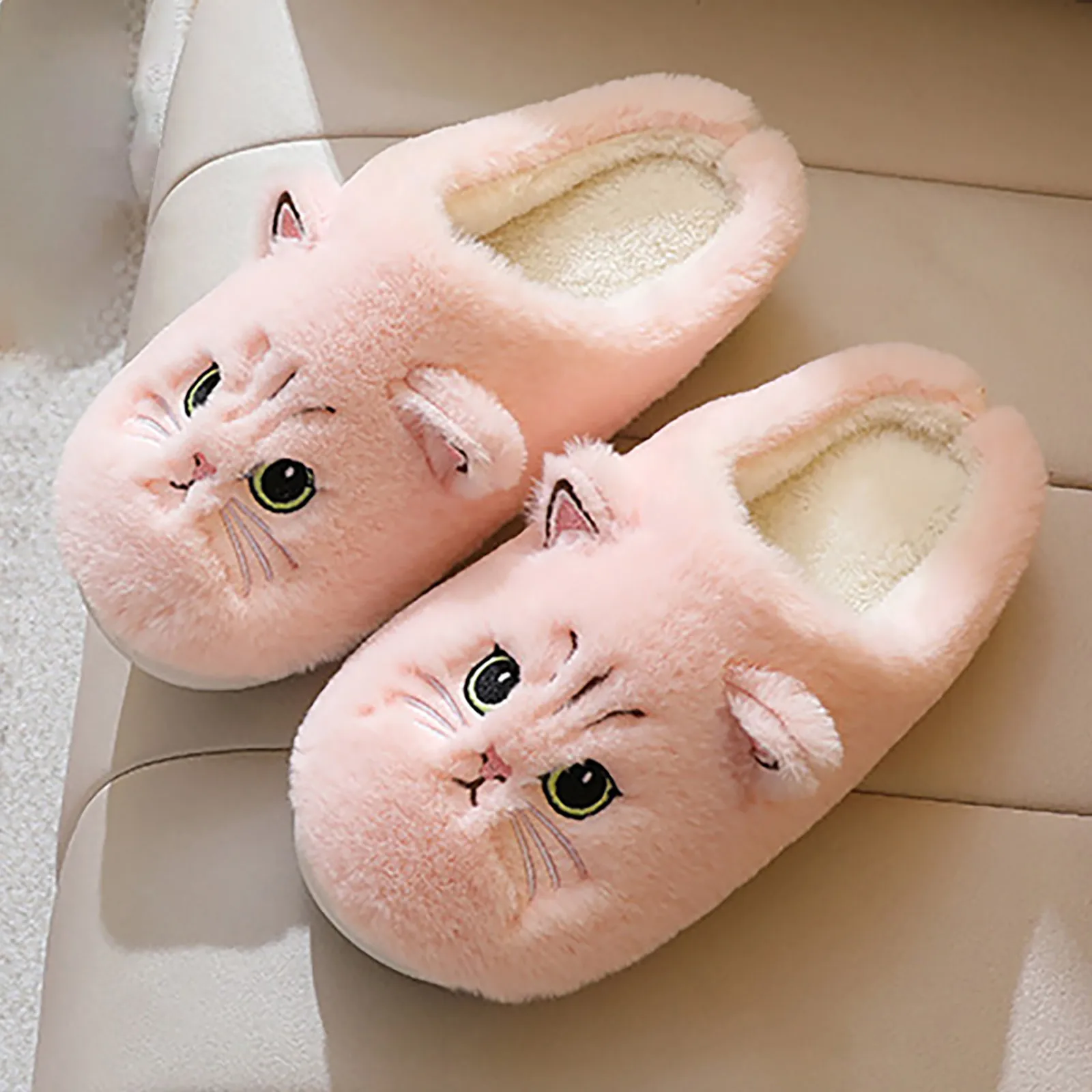 Indoor Plush Slippers for Couples Home Keeping Warm Cute Cartoon Kittens Autumn Winter Cotton Slippers for Men and Women