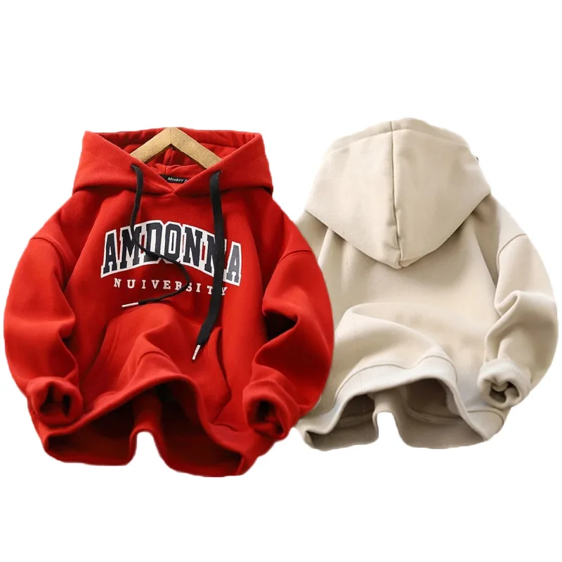 Boys Warm Daily Sweatshirt Kids Autumn Winter Fashion Hoodies Children Casual Hooded Clothing Teenager Print Letter Sweatshirts