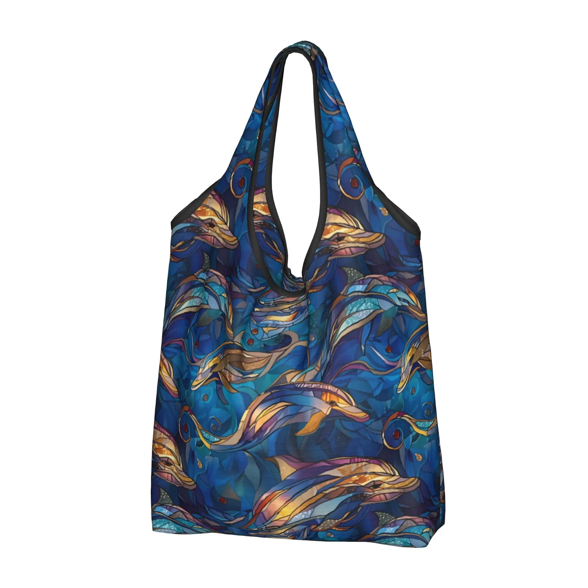 Custom Stained Glass Magical Dolphins  Shopping Bag Women Portable Big Capacity Grocery Funny  Tote Shopper Bags