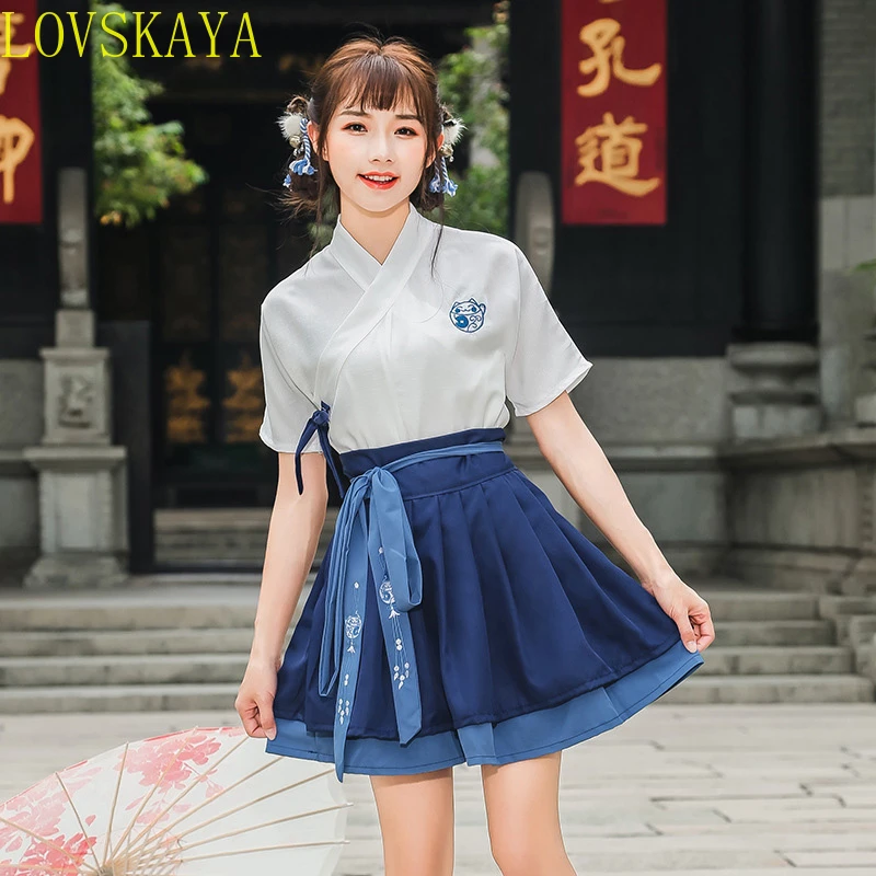 Hanfu Costume Dress Women Improved Hanfu Daily Short Sleeve Hanfu Embroidered Crossdresses Costumes Han Elements Student Set