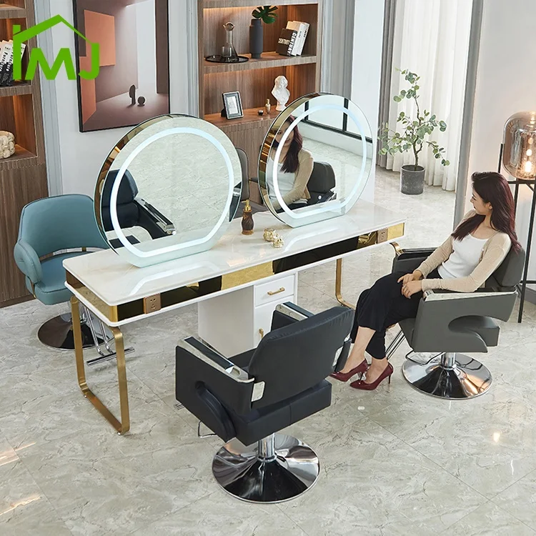 Beauty Salon Hair Dressing LED Mirror Makeup Station 4 Person Round Mirror Table