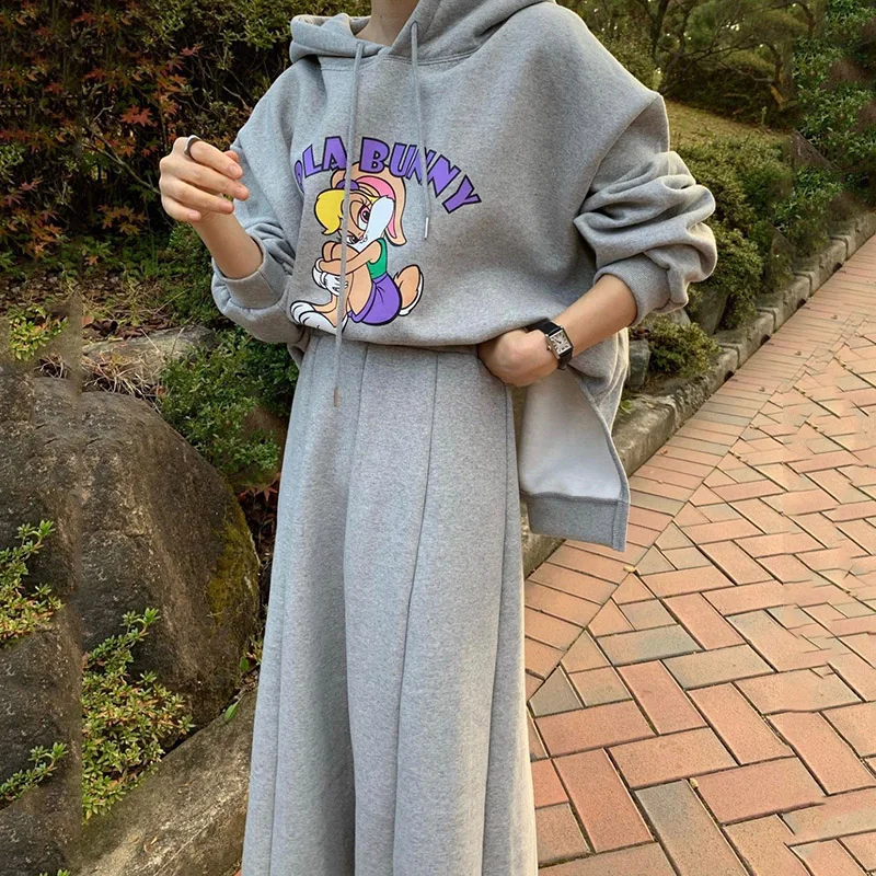 Conjunto de dos piezas de moda para mujer Liangliang: suda con capucha de forro polar con estampado de dibujos animados a...