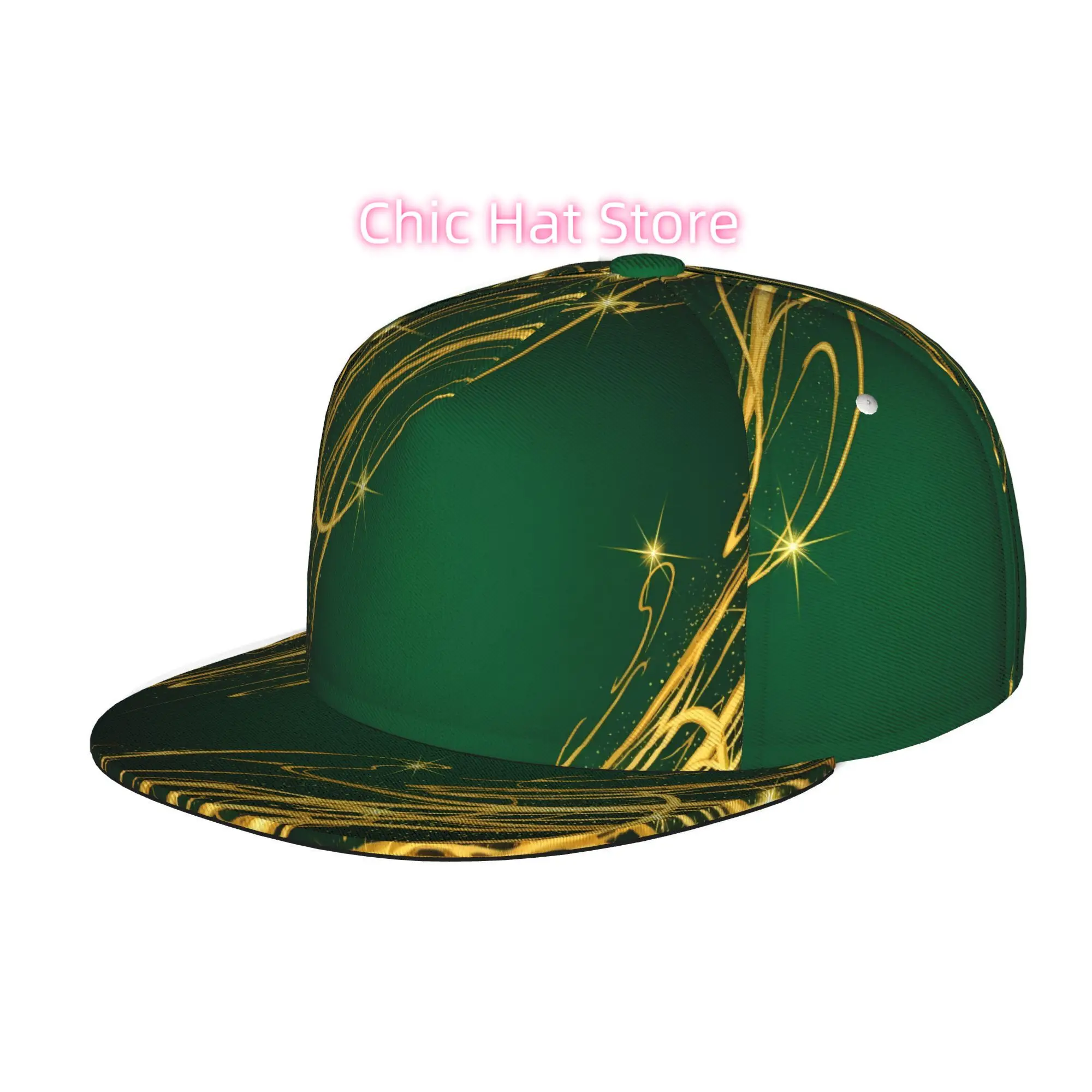 Golden Swirls on Green Background, Men Women Unisex Flat Brim Baseball Cap, Hip Hop Streetwear Snapback Trucker Hat for Skateboa