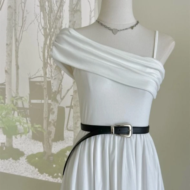 

Juspinice French Solid Long Dress for Women's Summer One-shoulder Suspender Skirt High Belt Fashionable Breathable Long Skirt