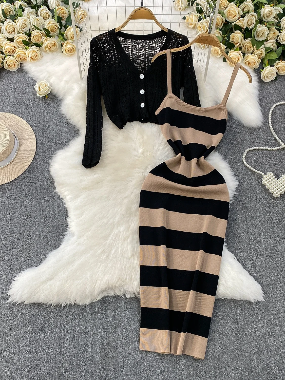 Coreano Sle V-Ne Hollow lavorato a maglia lungo Sve Protezione solare ort Cardigan Cappotto Stripe Ele Strap Dr Set per le donne