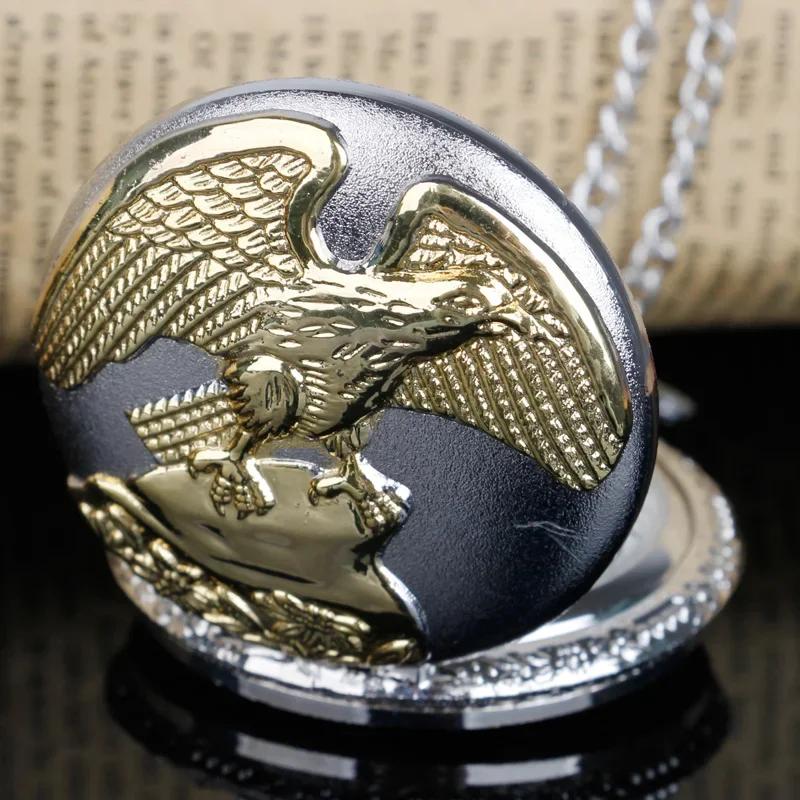 Trendy Brand Quartz Pocket Watch Silver Necklace Chain Eagle Carved Luxury Clock Men Women Watch Pendant Friend Family Best Gift