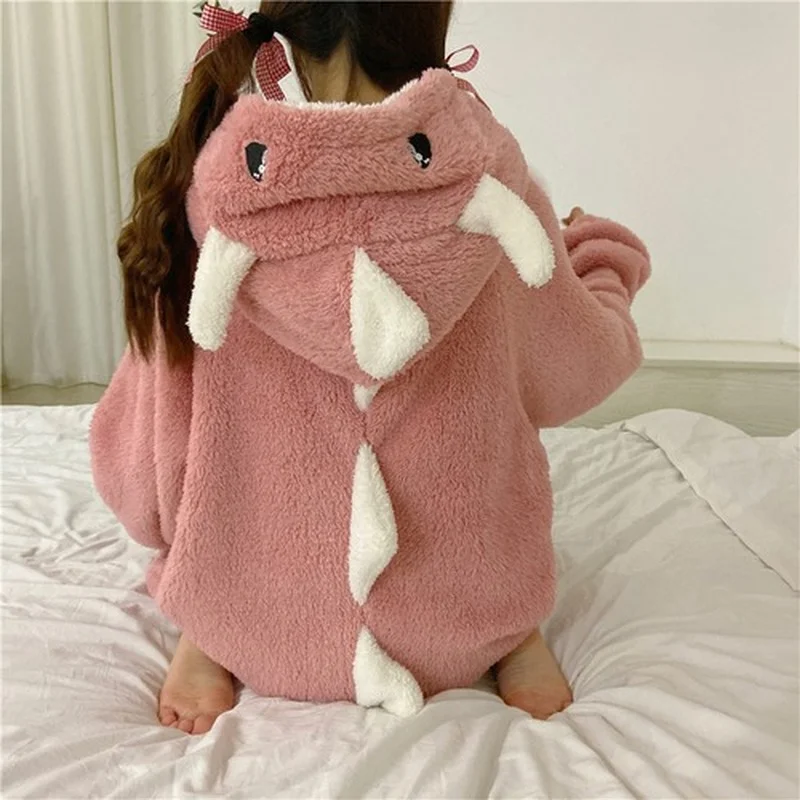 

Autumn Winter Women Sweet Warm Lounge Pyjamas Female Cute Pajamas Cartoon Ears Hooded Sleepwear Coral Fleece Lady Home Clothes