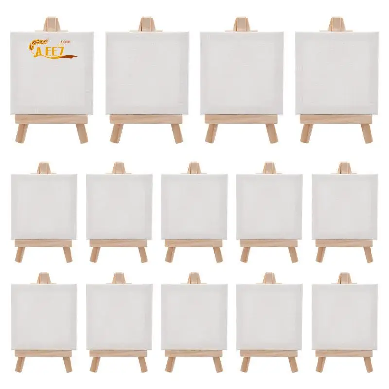 AEE7-14Pcs Mini Canvas And Easel Brush Set, Canvas 4X4 Inch, Pre-Stretched Canvas, Mini Painting Kit, Kids Painting Party