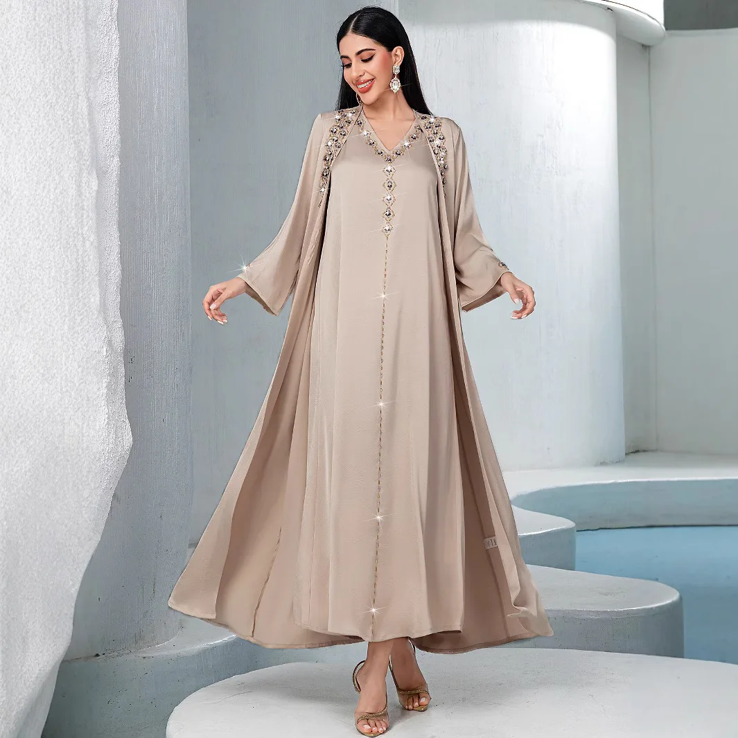 

Middle East Muslim New Fashion Women's Apricot Solid Color Diamodn Casual Trendy Elegant Daily 2 Pieces Sets Coats Inner Dresses