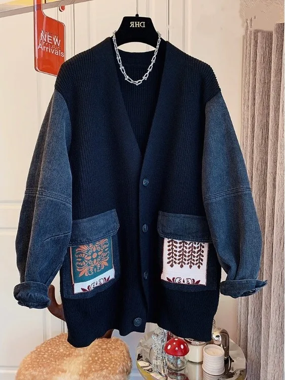 

Faionable Knitted Large Sweater Denim Patchwork Jaet Women's Spring Autumn New Design Casual Sle Long Sve Mid-Length