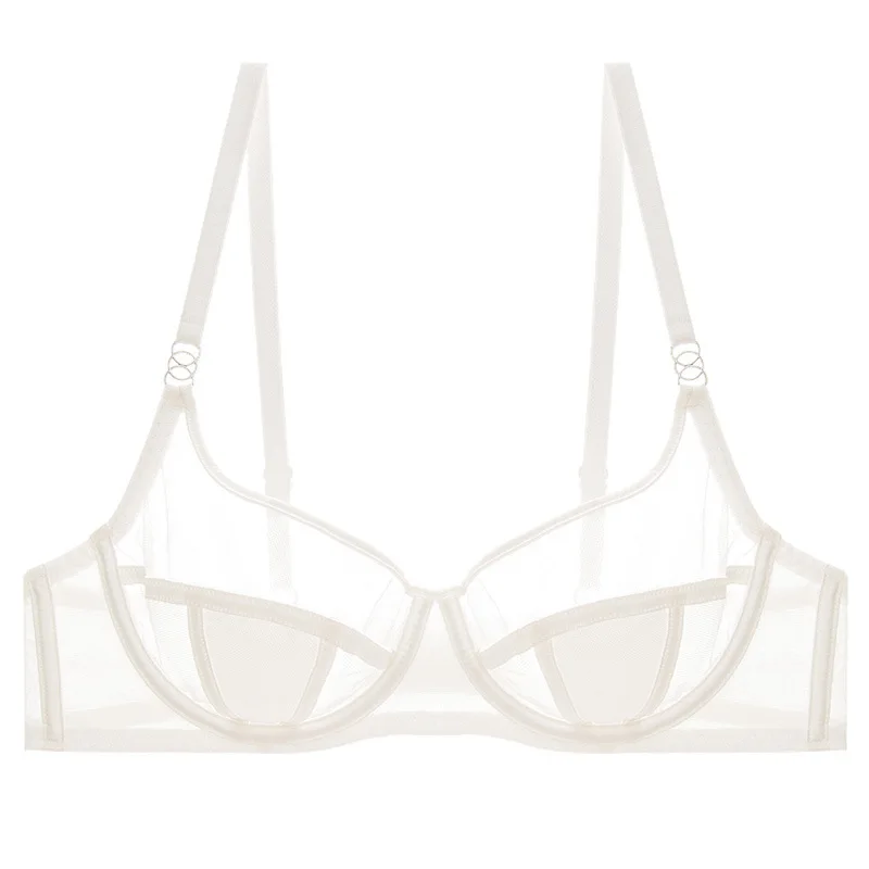 Summer French ultra-thin bra large chest show small transparent half cup bra sexy underwear lace set women