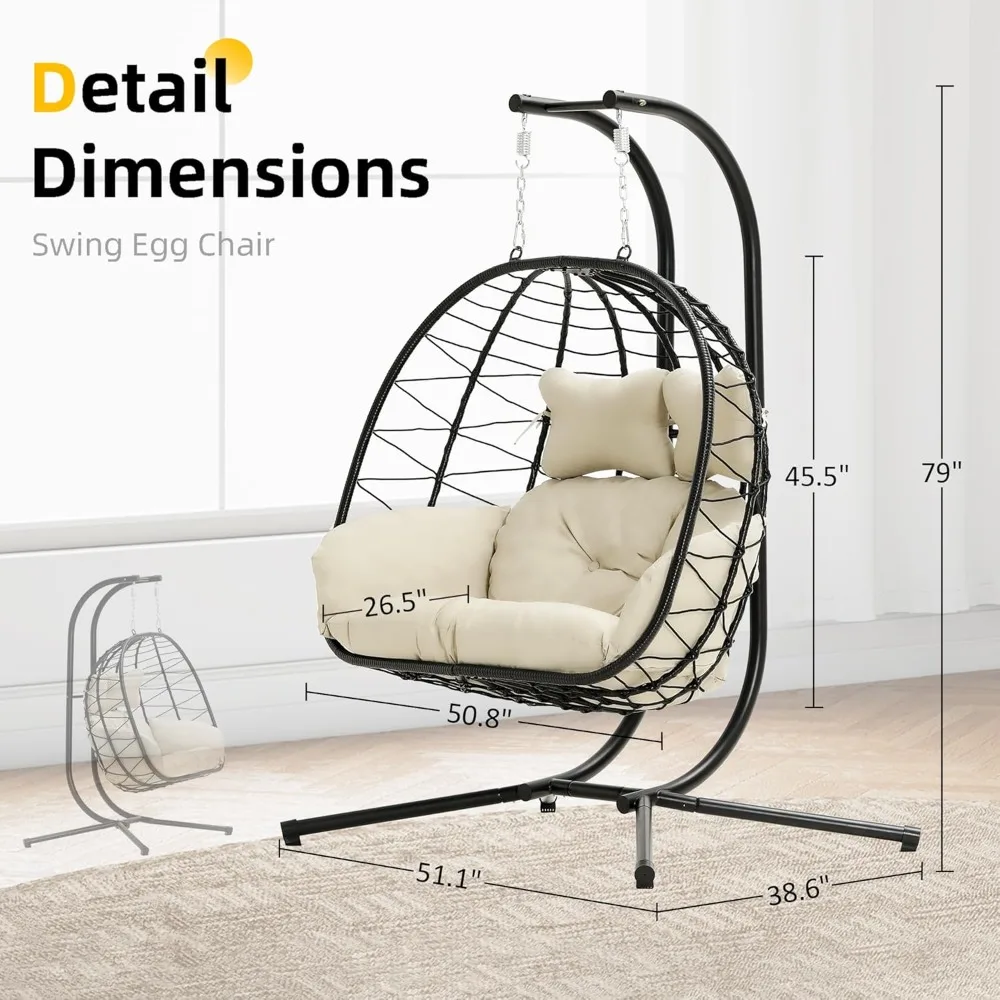 

Double Egg Chair with Stand – Foldable Hammock Swing, UV-Resistant Cushions, 700 lb Capacity