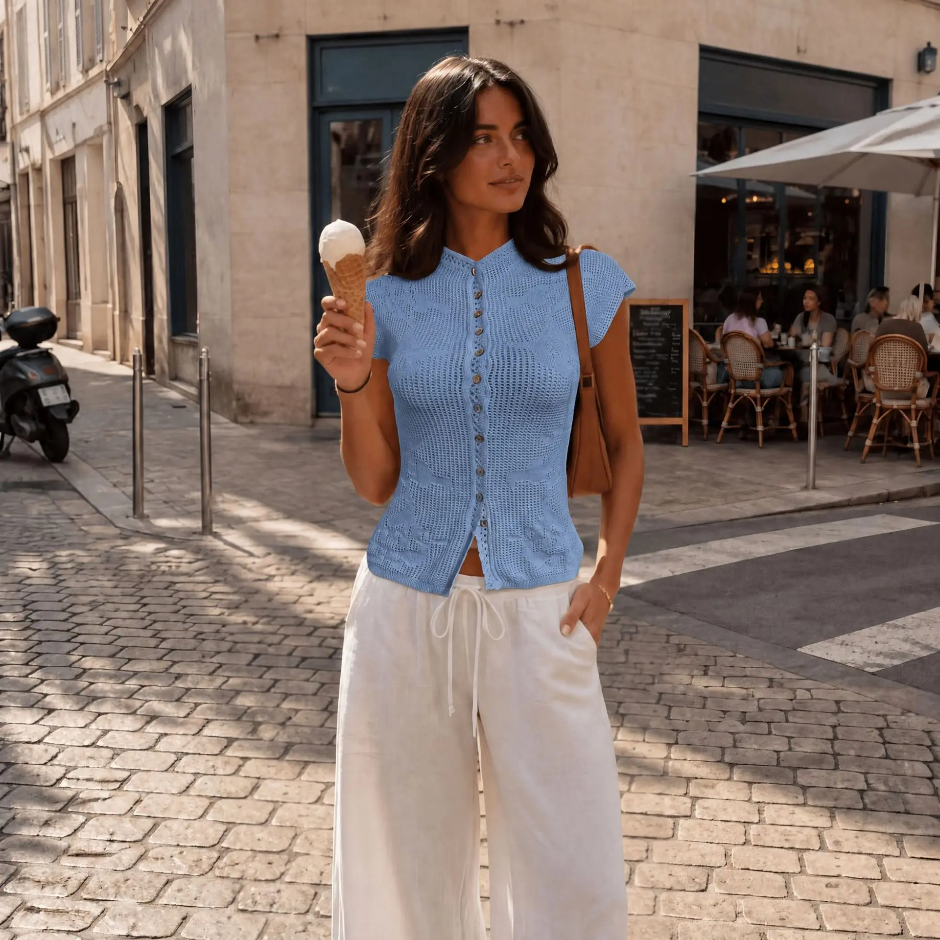 Knit Women's Hollow Floral T-Shirts Patchwork Casual Office Commute Fashion Vintage Short Sleeve Knit T-Shirt For Women
