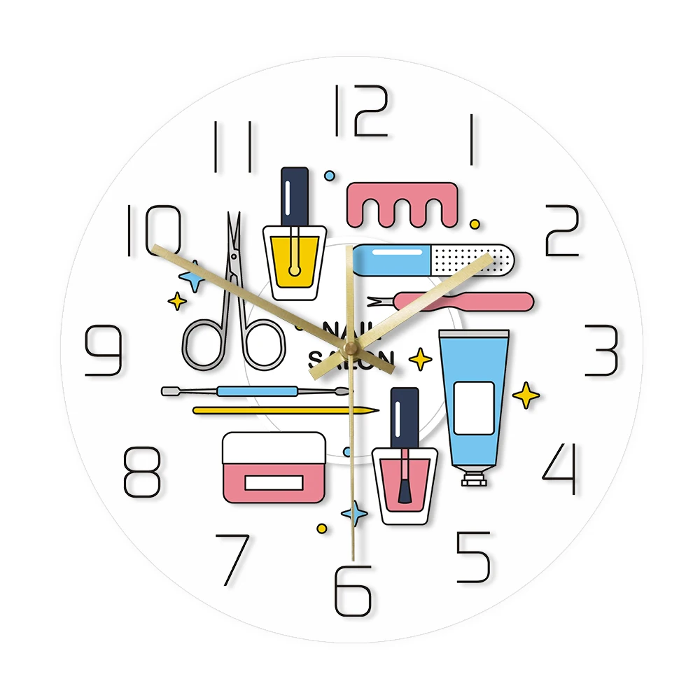 

Настенные часы из прозрачного акрила для маникюрного салона, инструменты для маникюра, декор для салона красоты, бесшумные настенные часы