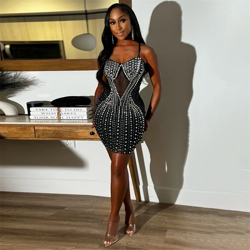 

Summer Women Sexy Bodycon See Through Mesh Velvet Patchwork Rhinestone Party Dress 2024 Slim Night Club Slip Mini Dress Birthday