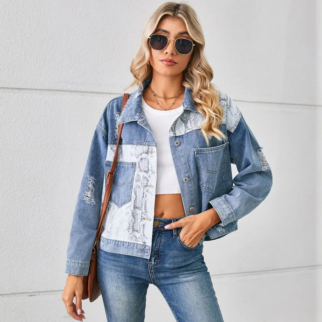 Women's Short Denim Jacket Leopard Print Python Print Independent Station Fashion Top for Streetwear