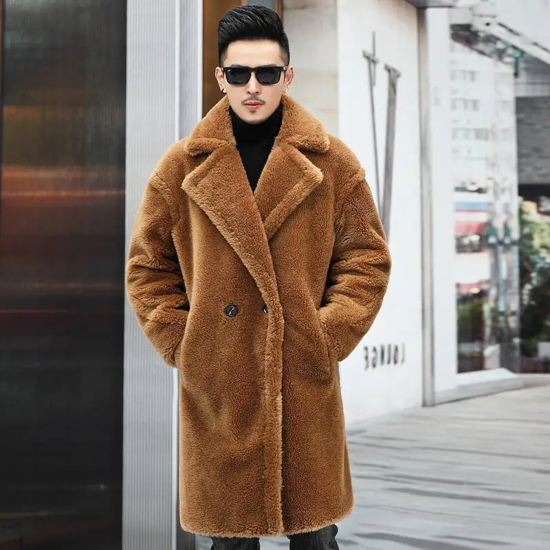 Men Clothing Fake Fur Coat Winter New Thickened Warm Sheep Shearling Men Long Windbreaker Warm Fur Coat Fashion Casual Coat