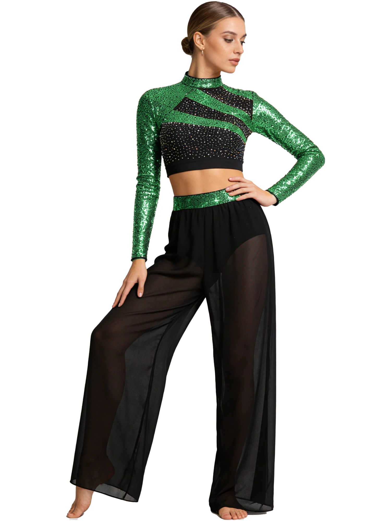 Tenue de danse lyrique moderne pour femmes, Costume de danse de Ballet à strass, haut court à paillettes découpées + pantalon en mousseline de soie transparente