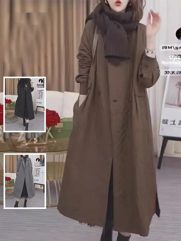 

Осень-зима, женская ветровка больших размеров, однотонное пальто миди длины с отложным воротником, утягивающее повседневное пальто с ромбовидным узором...