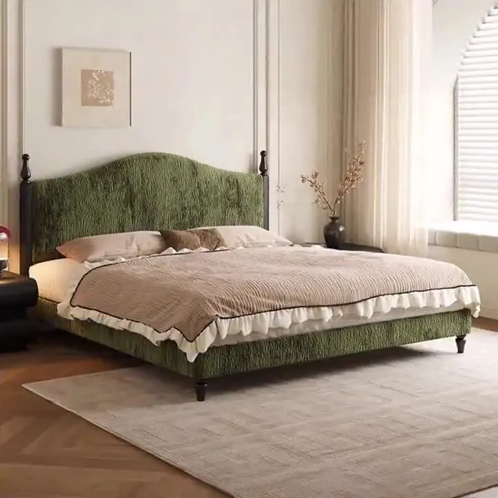 

#For high-grade French retro fabric bed solid wood master bed chenille thin headboard modern simple double king bed frame