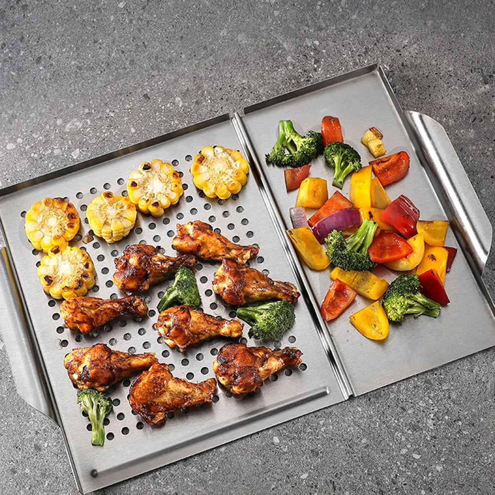 

Square Stainless Steel Grill Plate 2-in-1 Non-Stick Barbecue Pan for Gas Grill Home Vegetable Meat Seafood Barbecue Tray