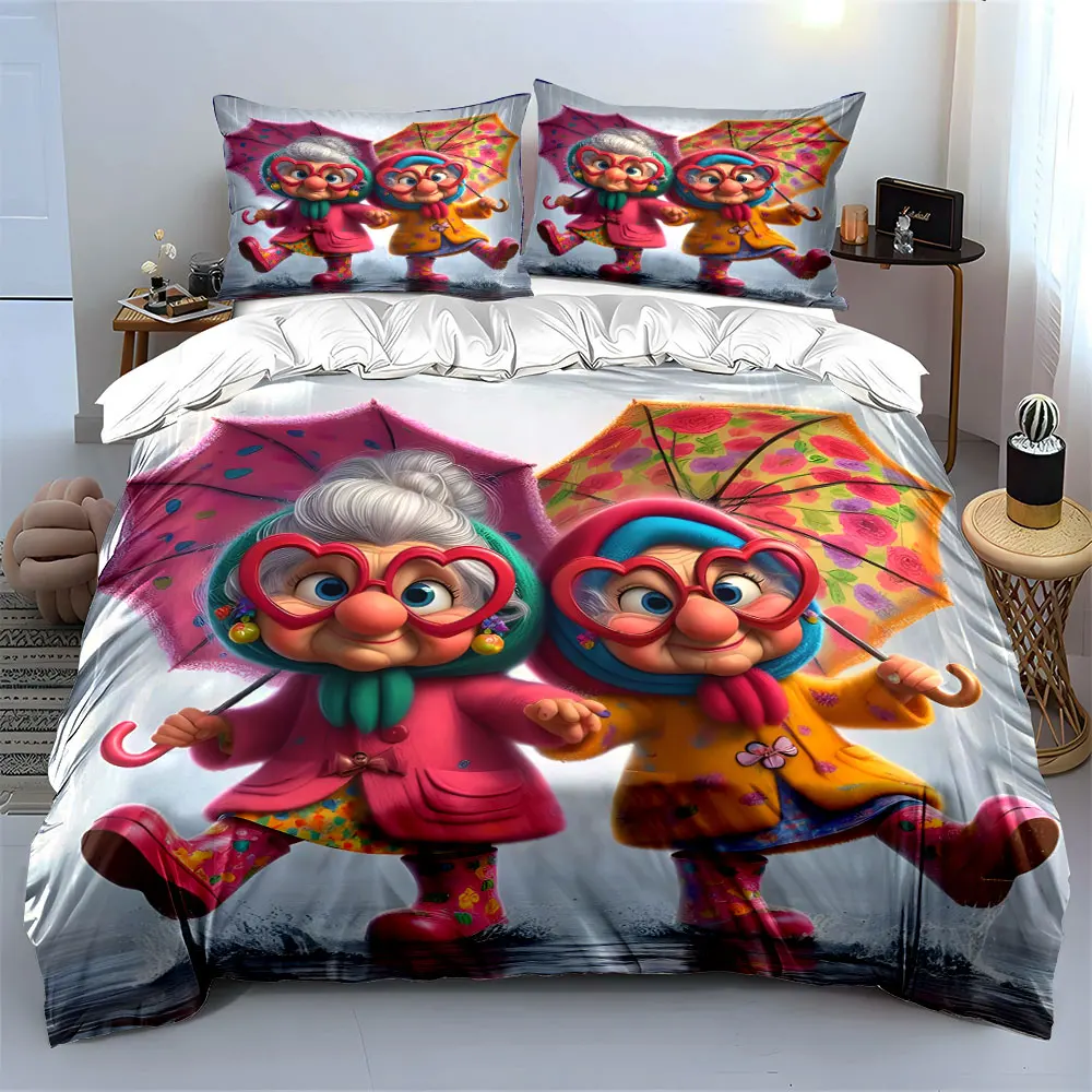 

Playful grandmas in the rain Duvet Cover Set with 3D Printing Design Soft Polyester Bedding Set All-Season Comfort for gifts