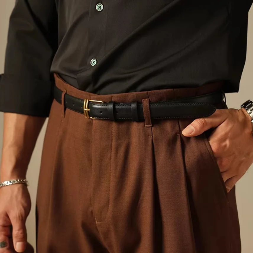 2.5cm Narrow Top Layer Leather Belt for Men Casual Gentleman Style Genuine Leather Adjustable Waist Belt for Trousers Commuter